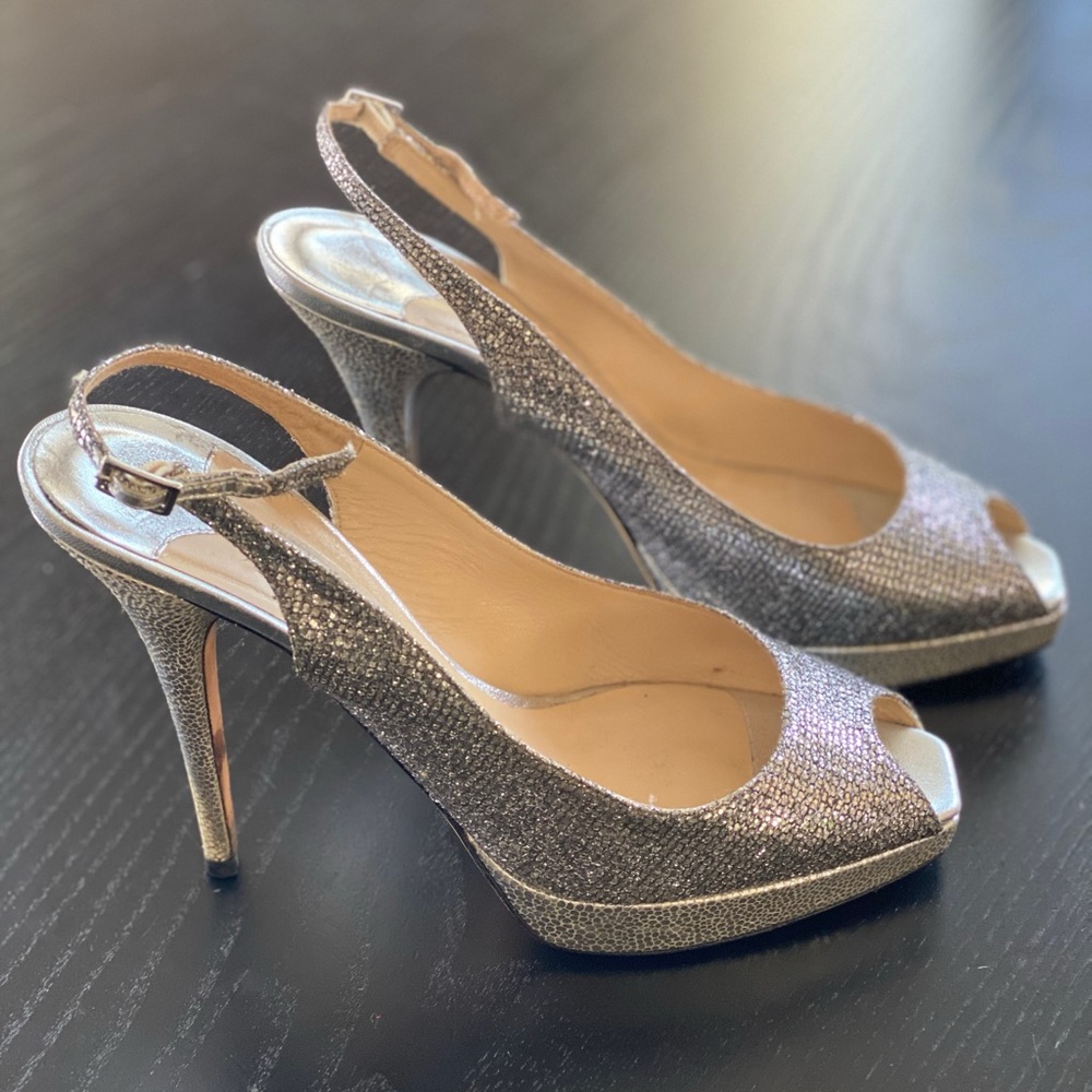 Elegant Silver Peep-Toe Slingback Heels